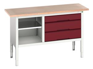 16923013.** verso adj. height storage bench (mpx) with mid shelf / 3 drawer cab. WxDxH: 1500x600x830-930mm. RAL 7035/5010 or selected